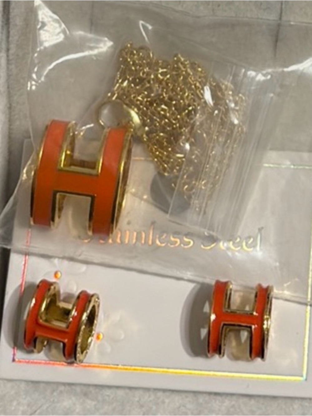 Stainless steel Gold-Tone Large Orange Enamel H-Shaped Pendant & Earring Set